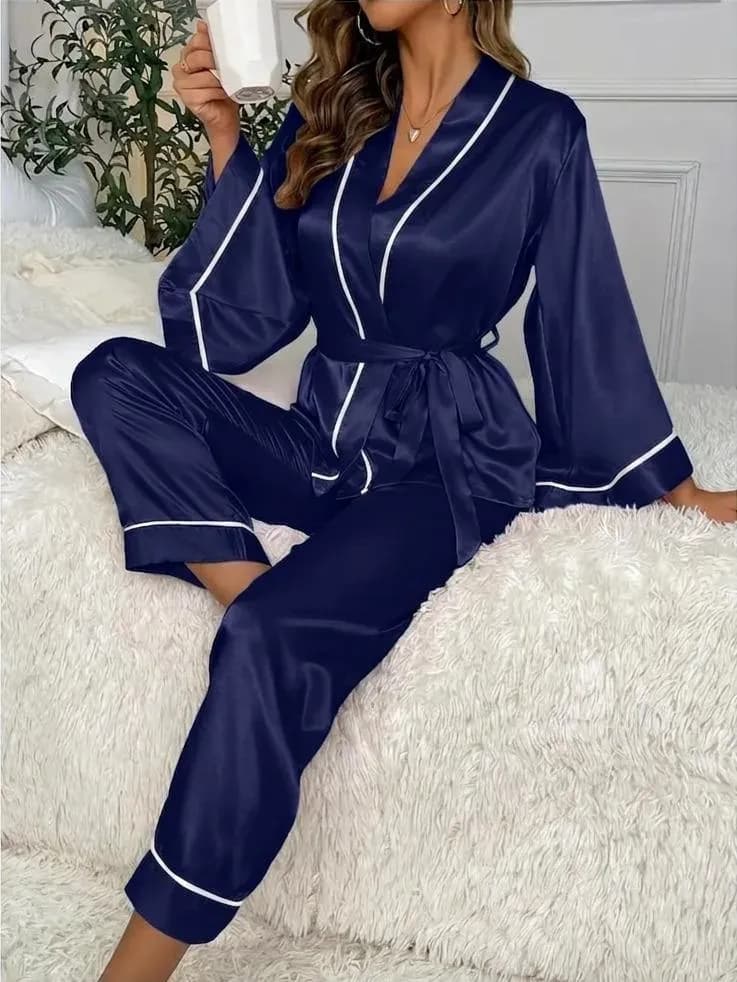 Blue Silk Nightgown Pajamas Set with Trouser