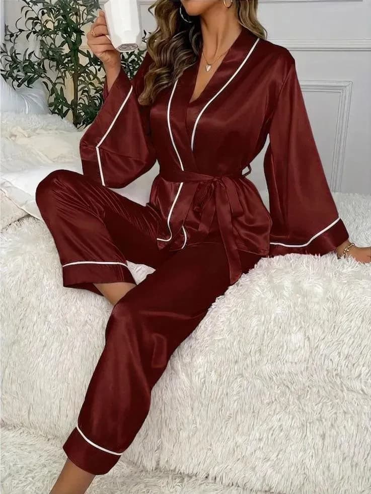 Maroon Silk Nightgown Pajamas Set 2 Pcs