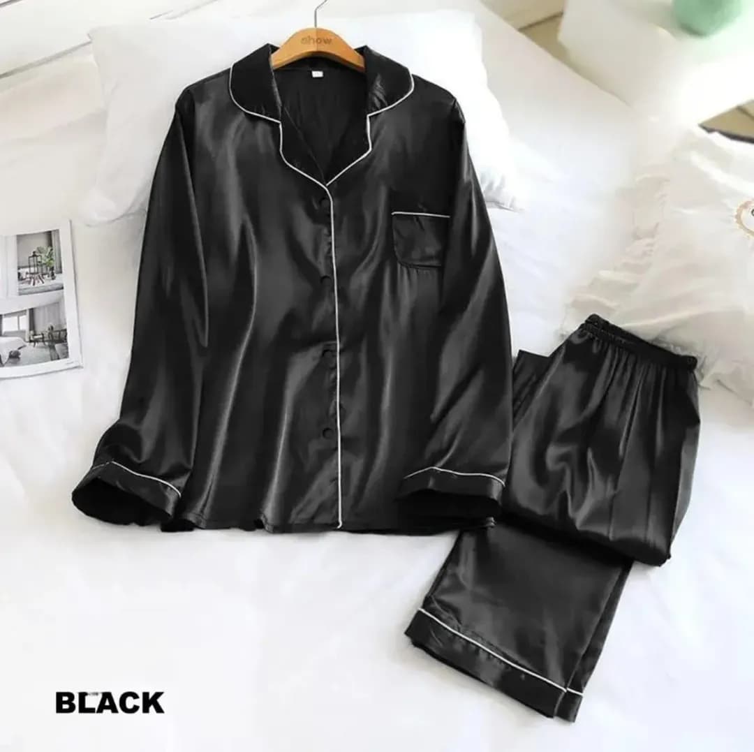 Black Silk 3PC Night Suit with Piping Work