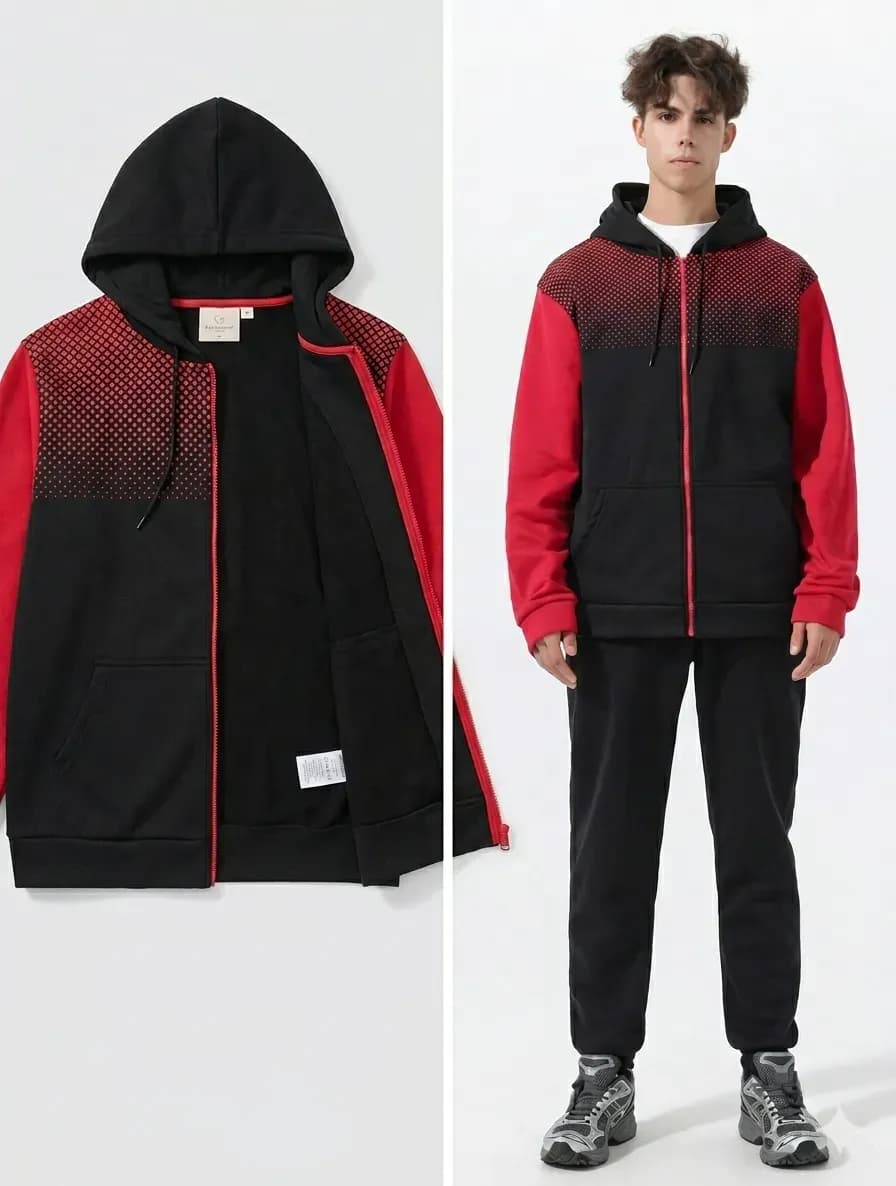 Men Black Jersey Track Suit 2 Pcs Hooded Set
