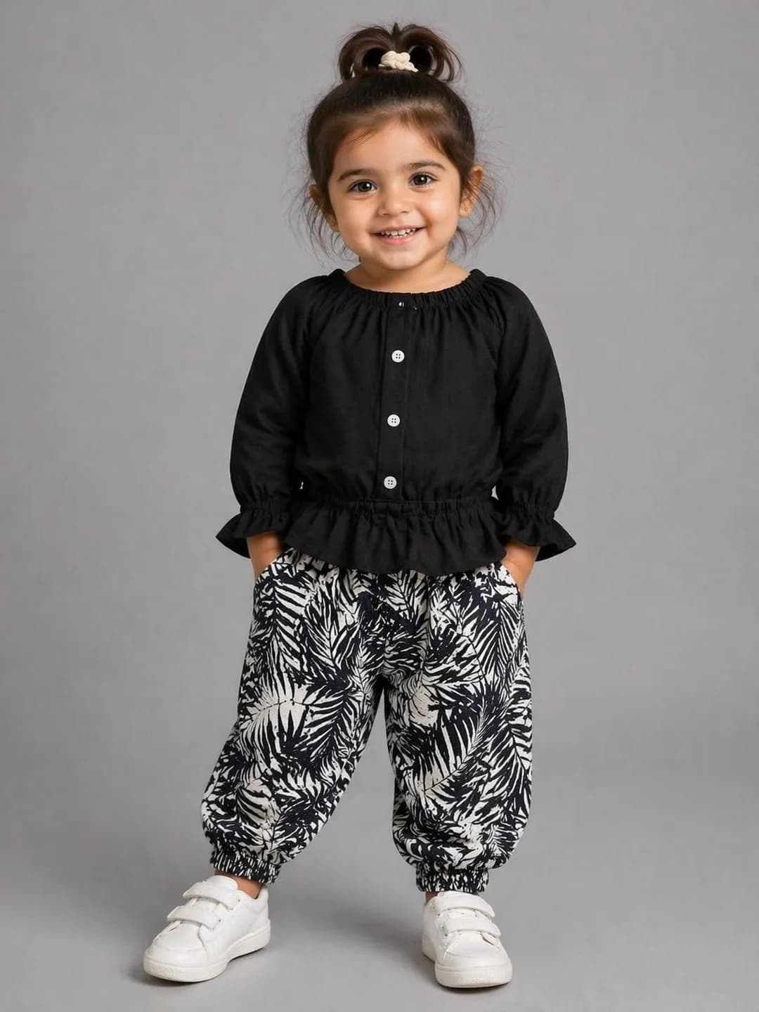 Kids Black Printed Palm Pants Set for Girls