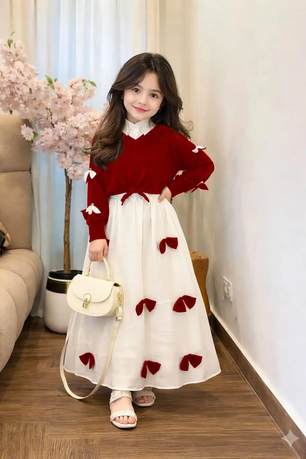 Kids Western Bow Top Maxi Set Red White Georgette 2Pcs
