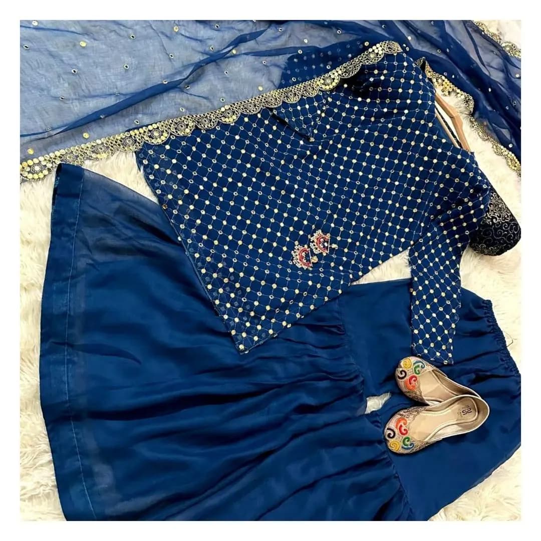 3 Pcs Women’s Stitched Chiffon Sheesha Work Gharara Shirt