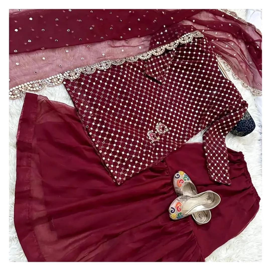 Maroon Sheesha Work 3Pcs Gharara Set Wedding Party Wear