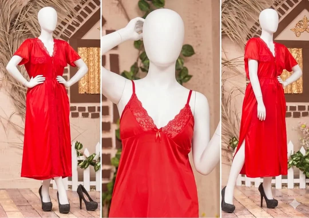 Red Silk Lace Night Suit 3 Pcs Women