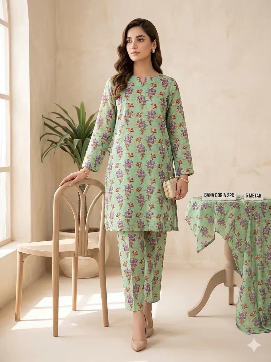 Stylish Green Lawn Suit with Digital Print - 2 Pcs Set
