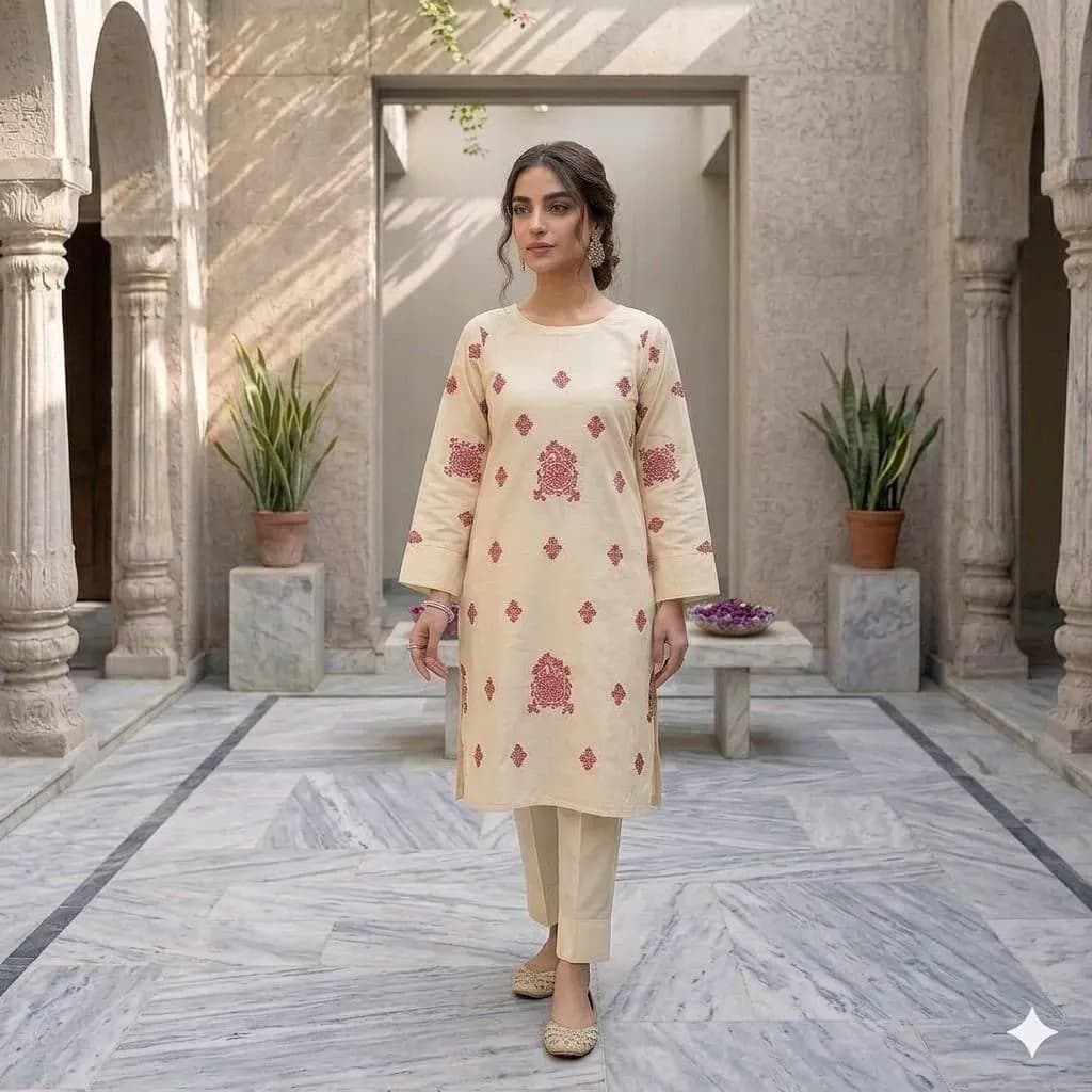 2 Pcs Women's Stitched Lawn Embroidered Shirt And Trouser