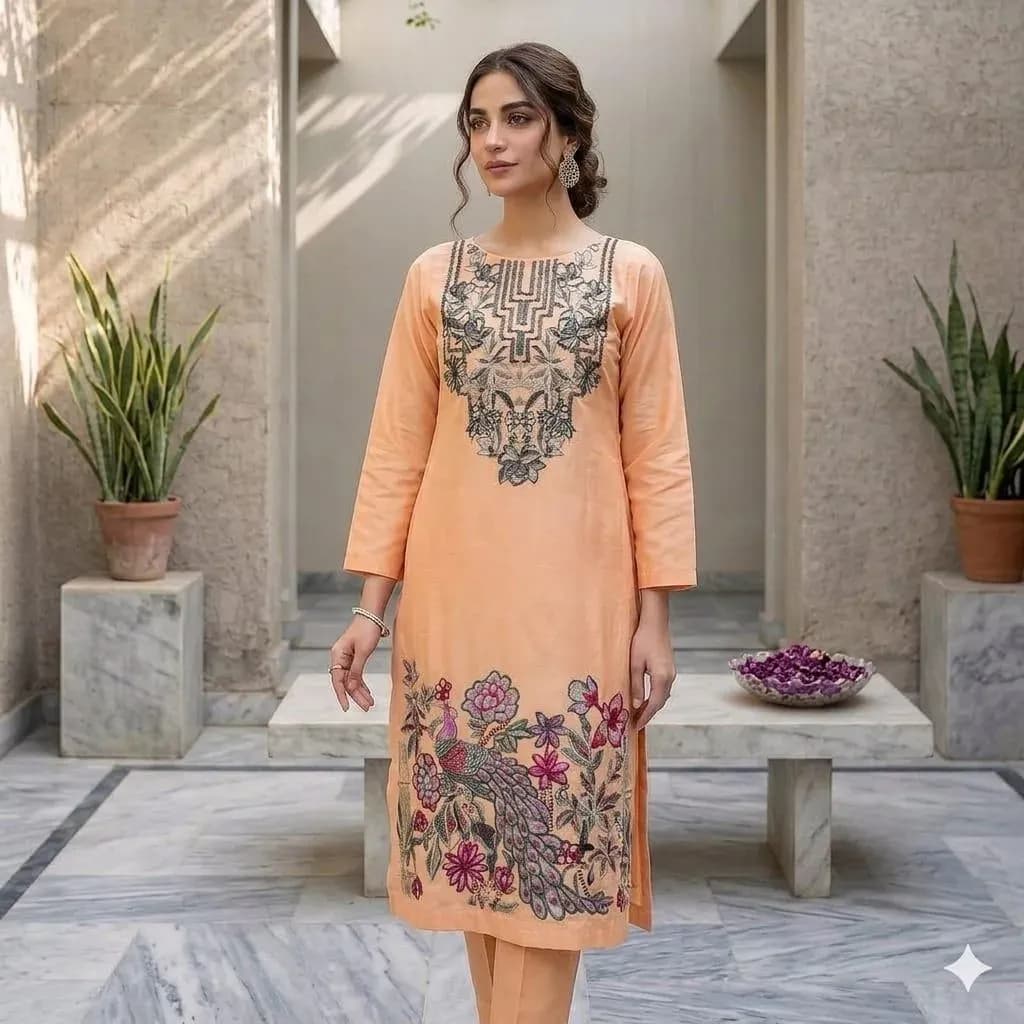2 Pcs Women's Stitched Lawn Embroidered Shirt And Trouser