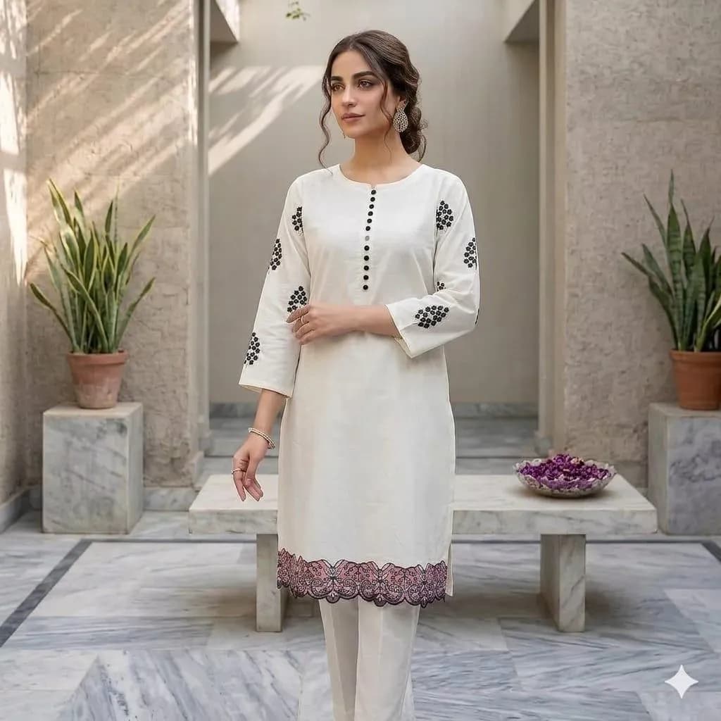 2 Pcs Women's Stitched Lawn Embroidered Shirt And Trouser