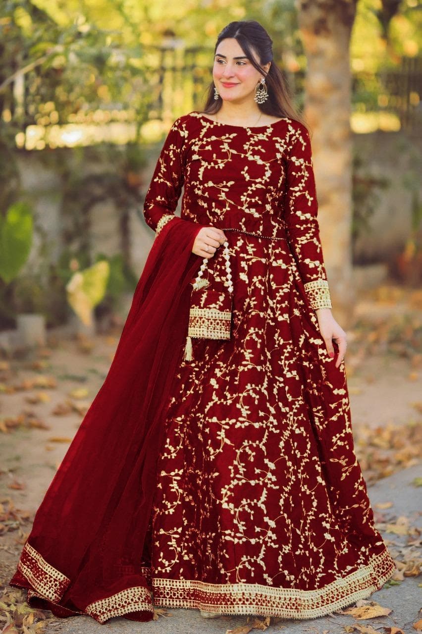 Maroon Embroidered Lehenga Set with Gold Work & Dupatta