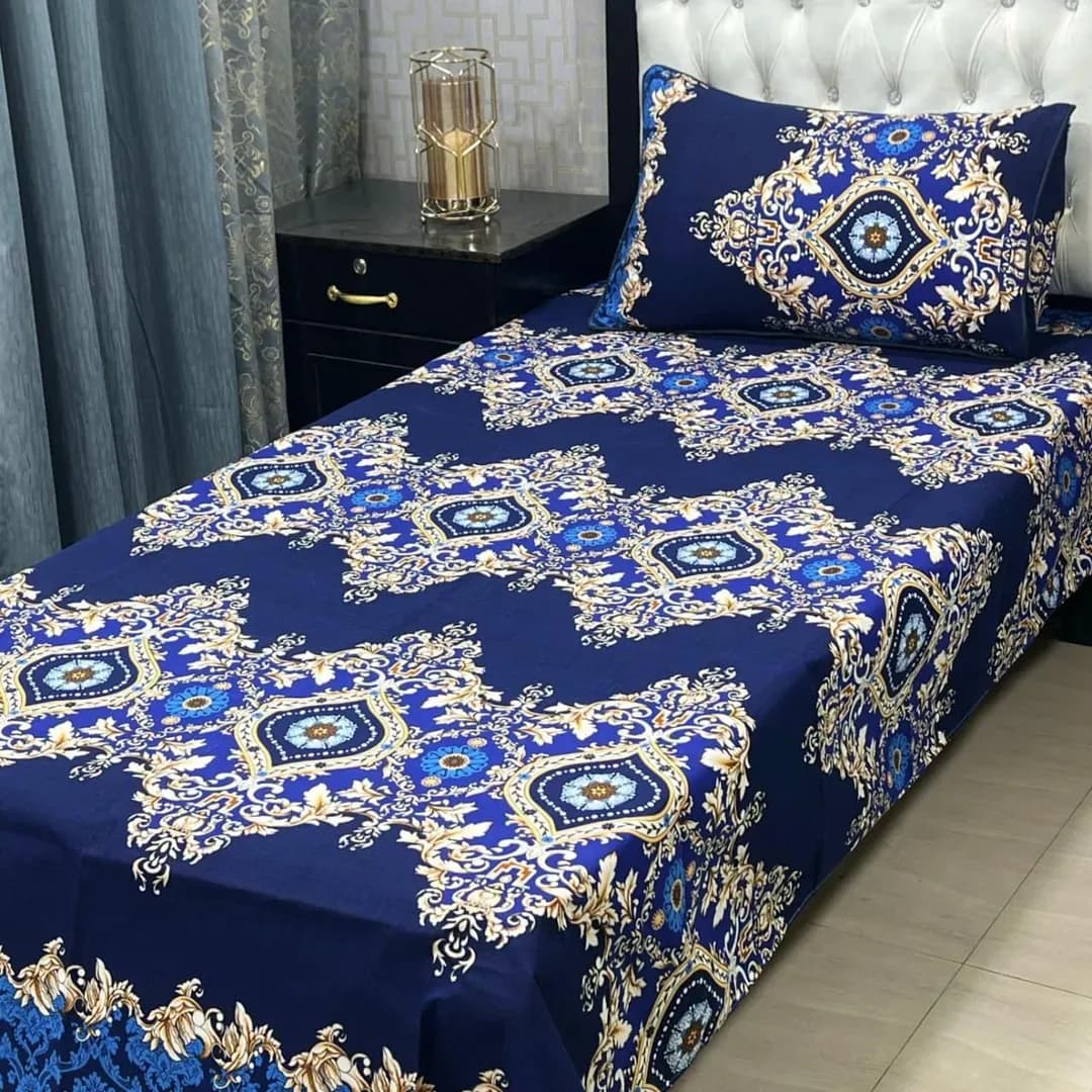 Blue Printed Crystal Cotton Single Bed Bedsheet Set