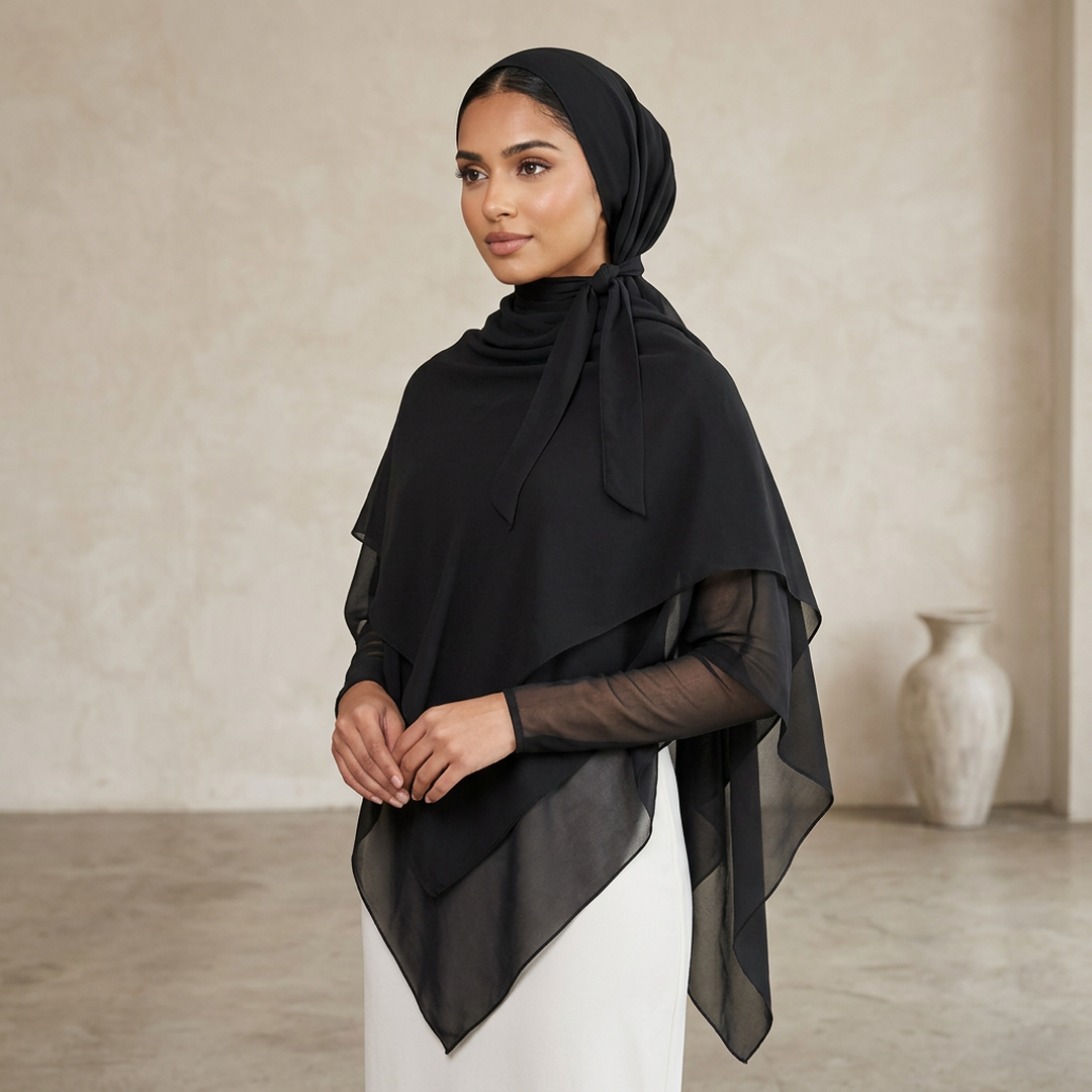 Stylish Black Chiffon Hijab Set – 2 Pcs with Sleeves & Buttons