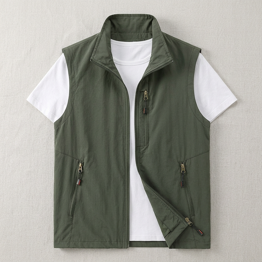 Men Olive Zip Front Vest Outdoor Casual