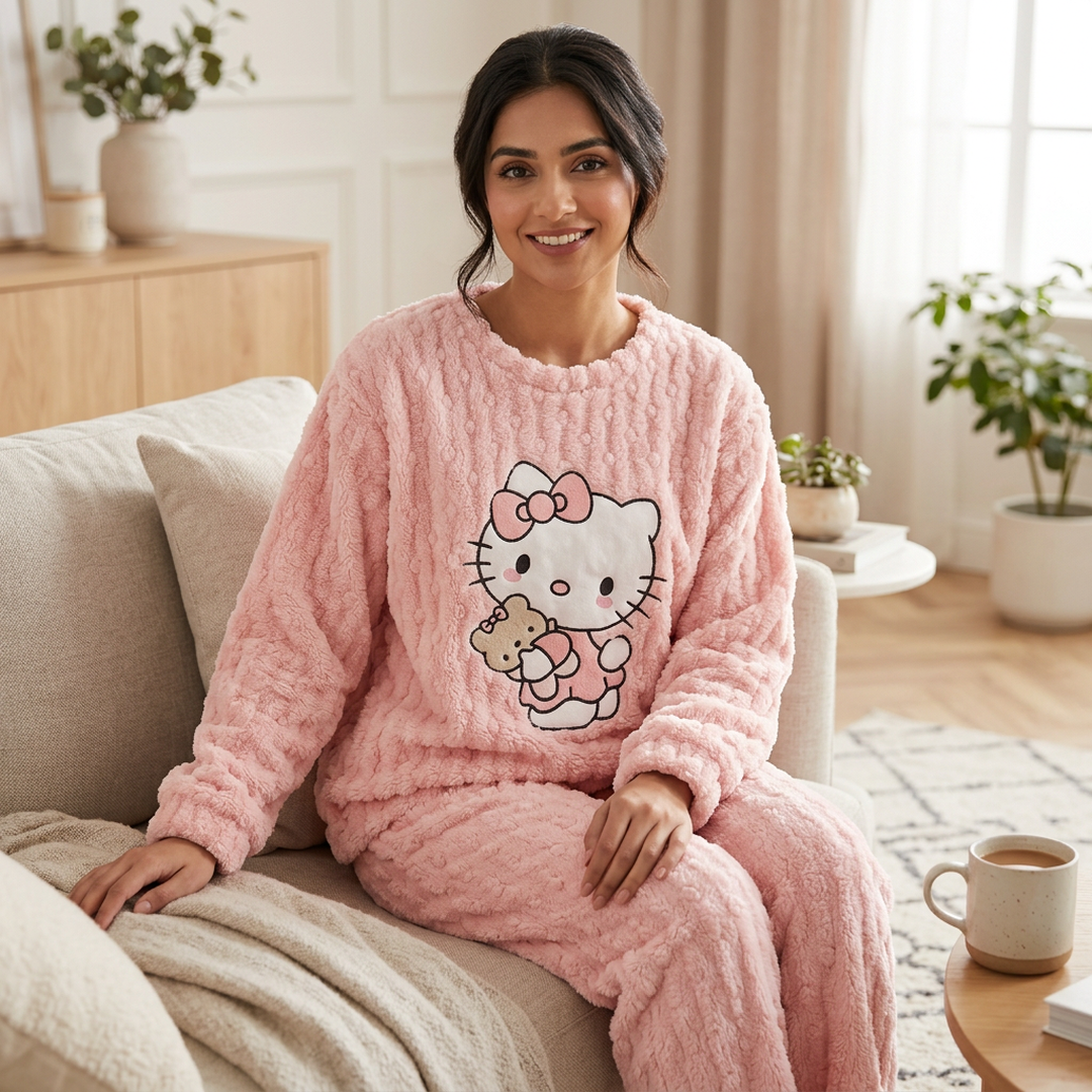 Women Fleece Hello Kitty Winter Pajamas Sweet Cartoon Home Wear