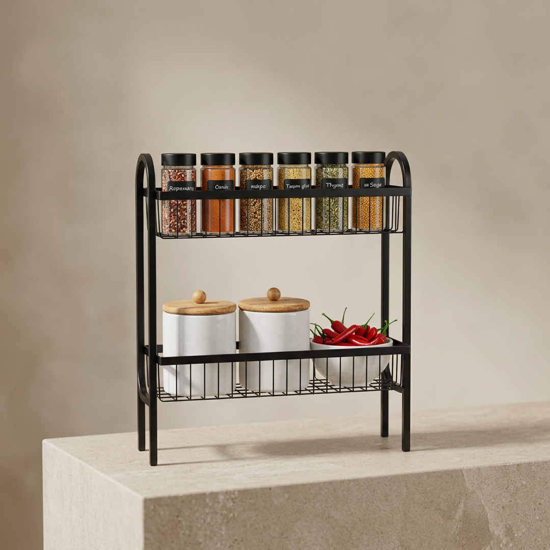 2-Tier Wall Mounted Spice Rack Stainless Steel Black