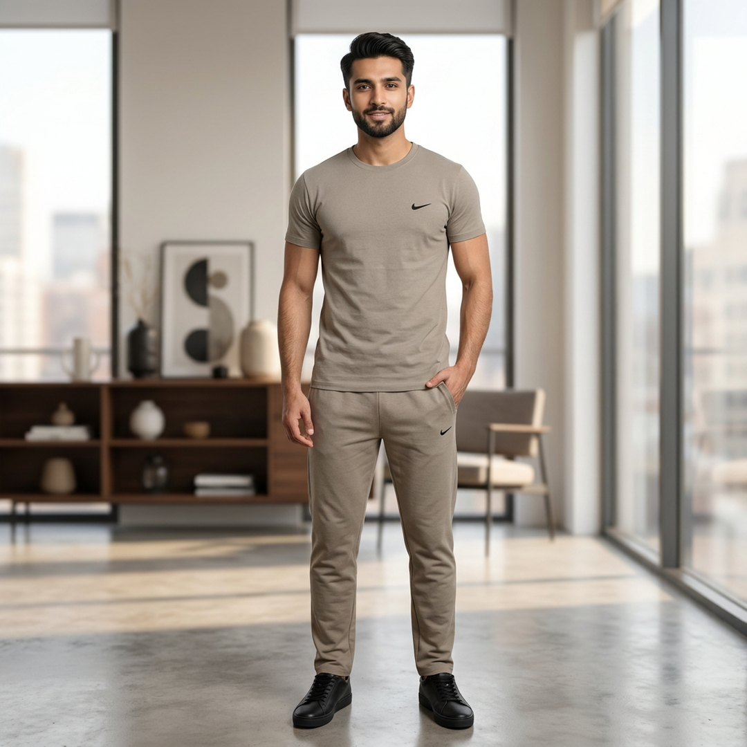 Men Grey Blended Track Suit 2Pcs Round Neck Medium to XL