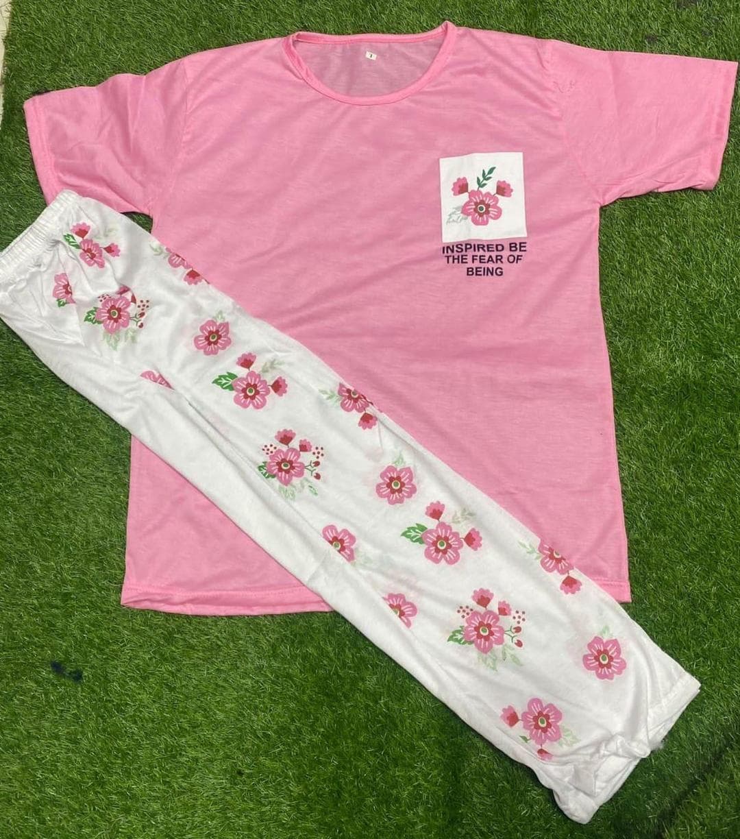 Pink Printed Cotton Jersey Night Suit 2-Piece Medium to XL