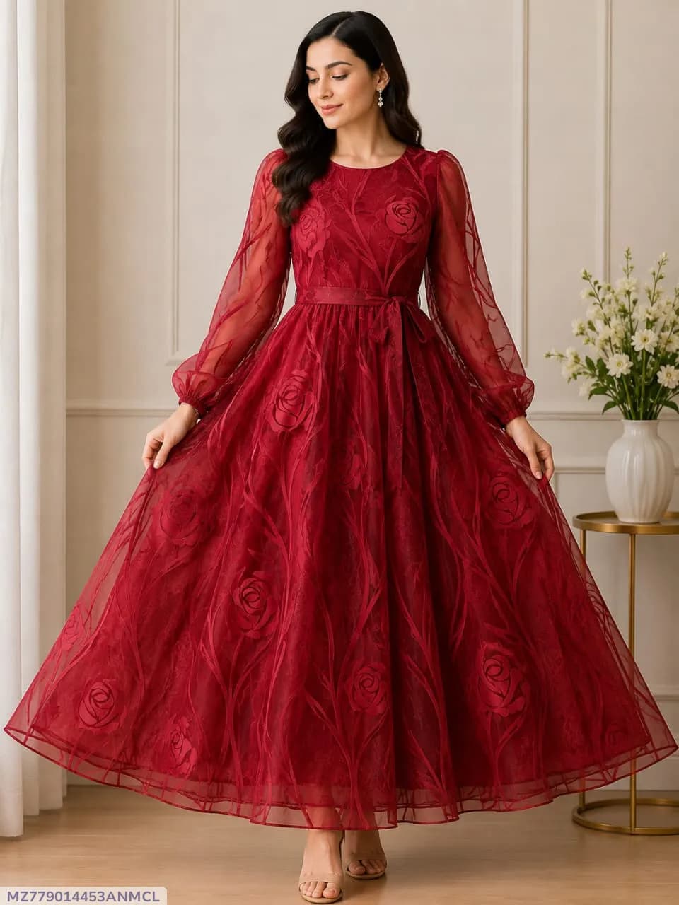 Red Embroidered Gown After Wash Soft Arganza Net