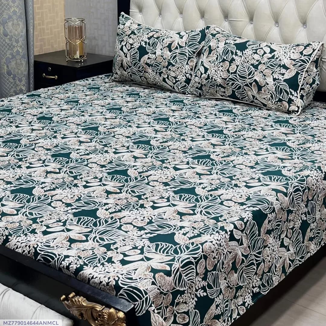 3 Pcs Crystal Cotton Printed Double Bedsheet