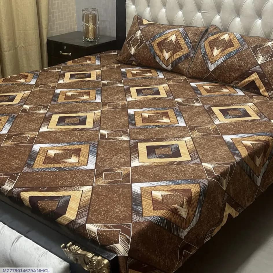 3 Pcs Crystal Cotton Printed Double Bedsheet