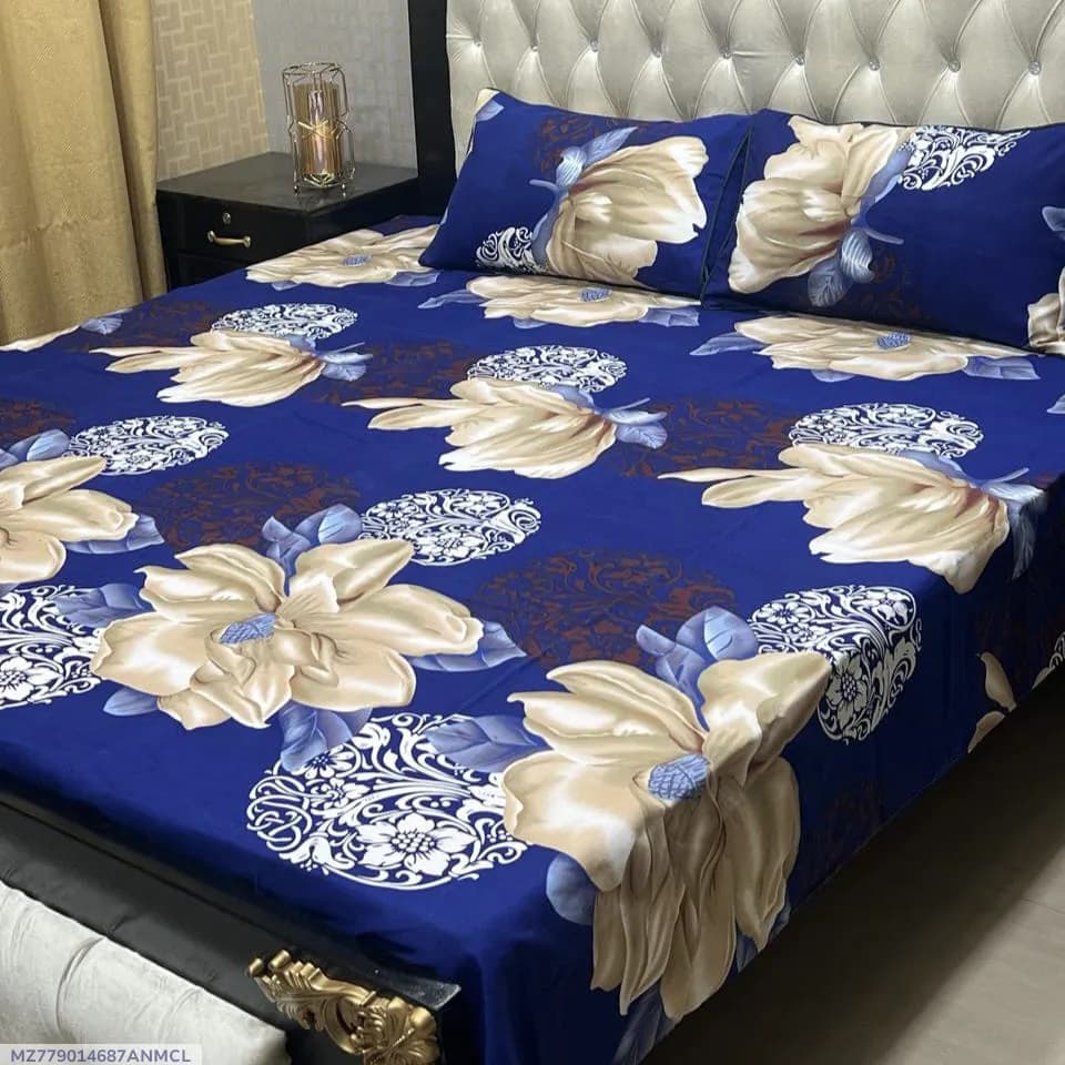 3 Pcs Crystal Cotton Printed Double Bedsheet