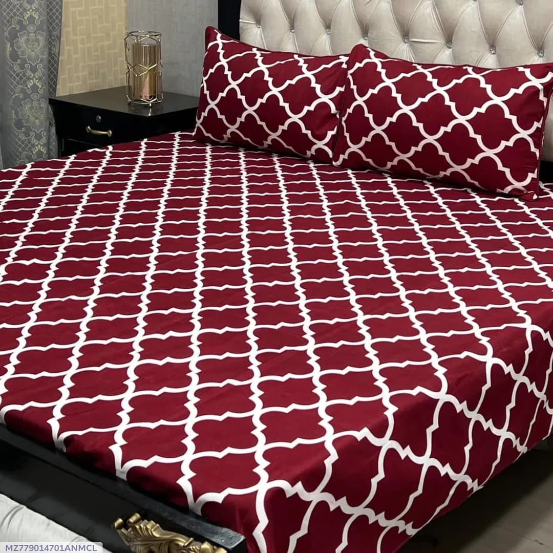3 Pcs Crystal Cotton Printed Double Bedsheet