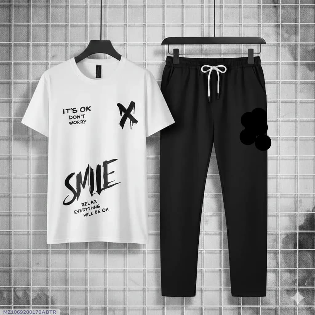 Men Printed Track Suit White Black Micro Interlock
