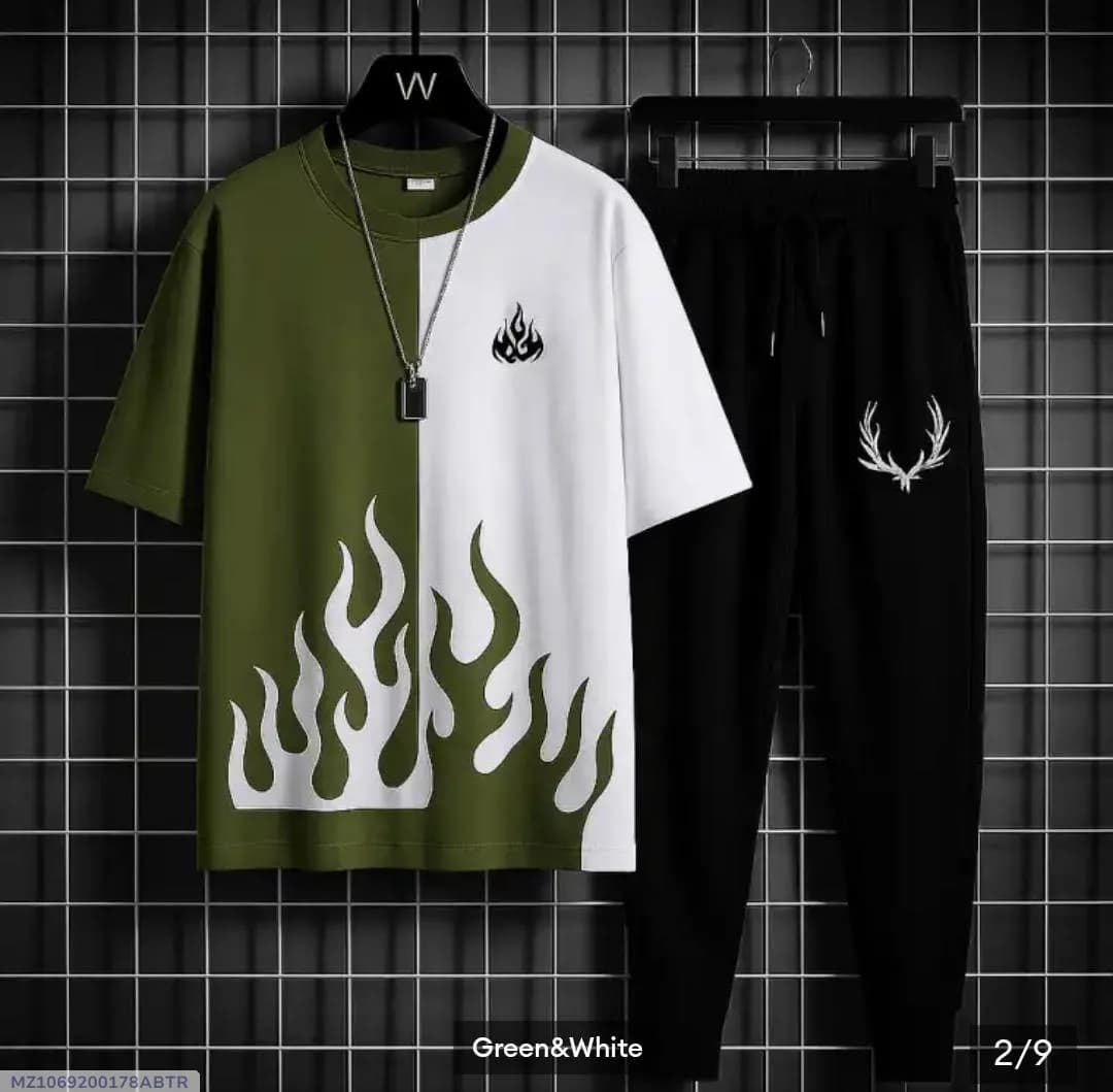 Green White Flame Print Track Suit for Men