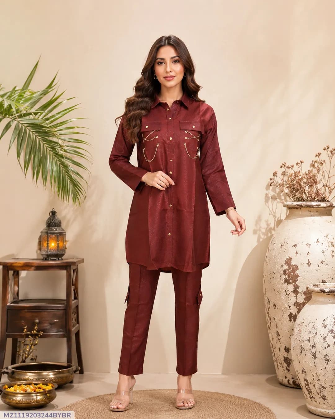 Women Cotton Lawn 2-Piece Suit Brown Ban Collar