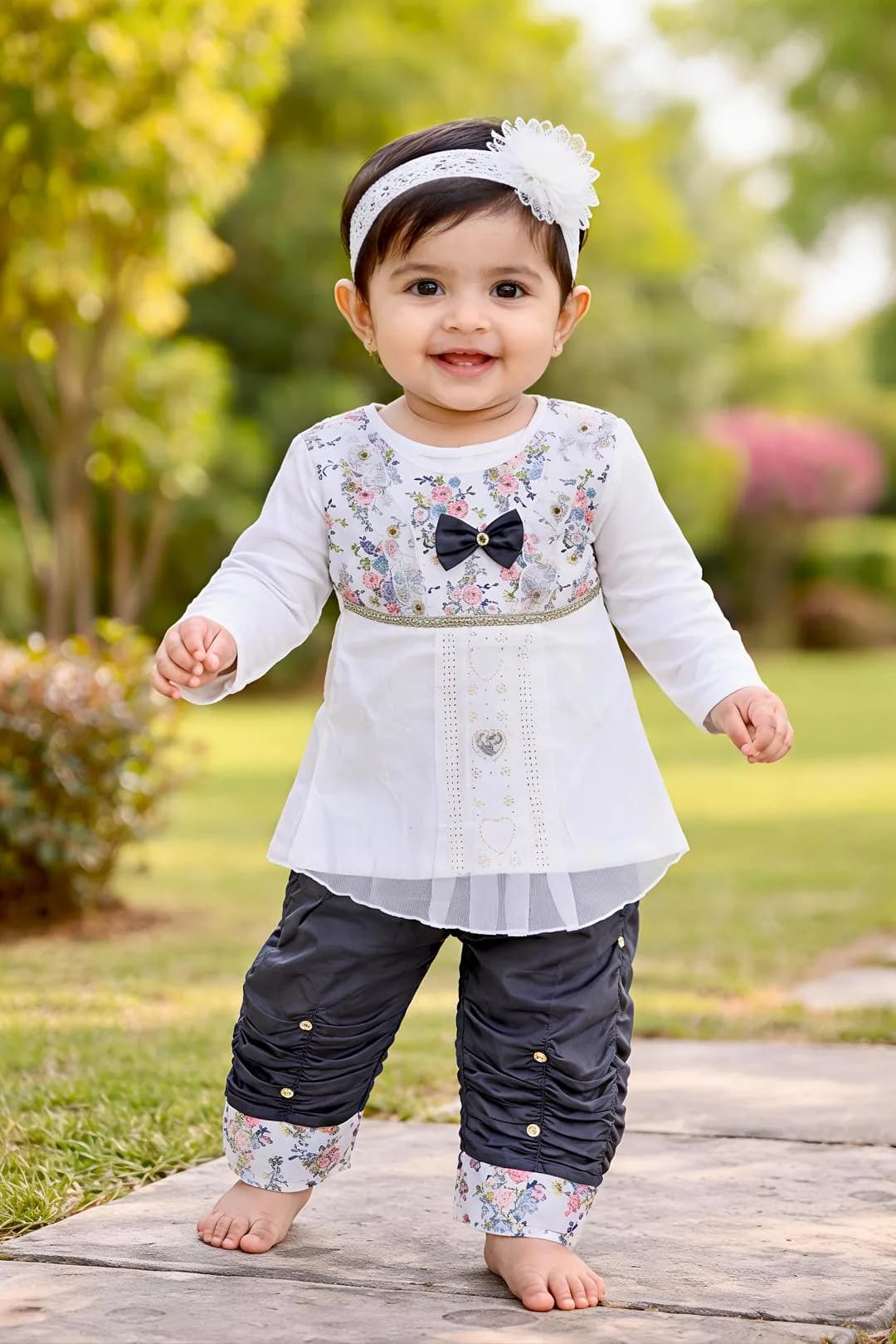 Baby Girl Floral Bow Top Pants Set White