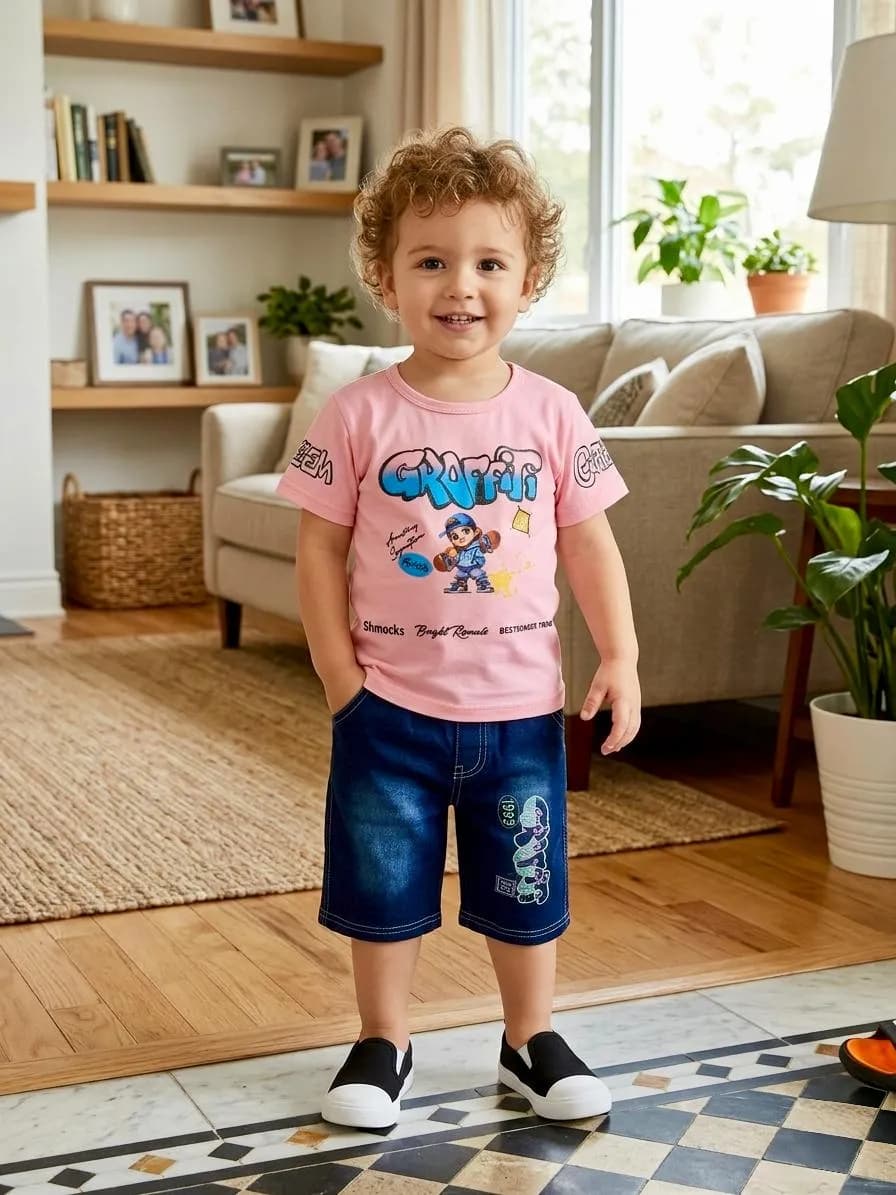 Boy's Printed Cotton Jersey Shirt & Shorts Set Multicolor