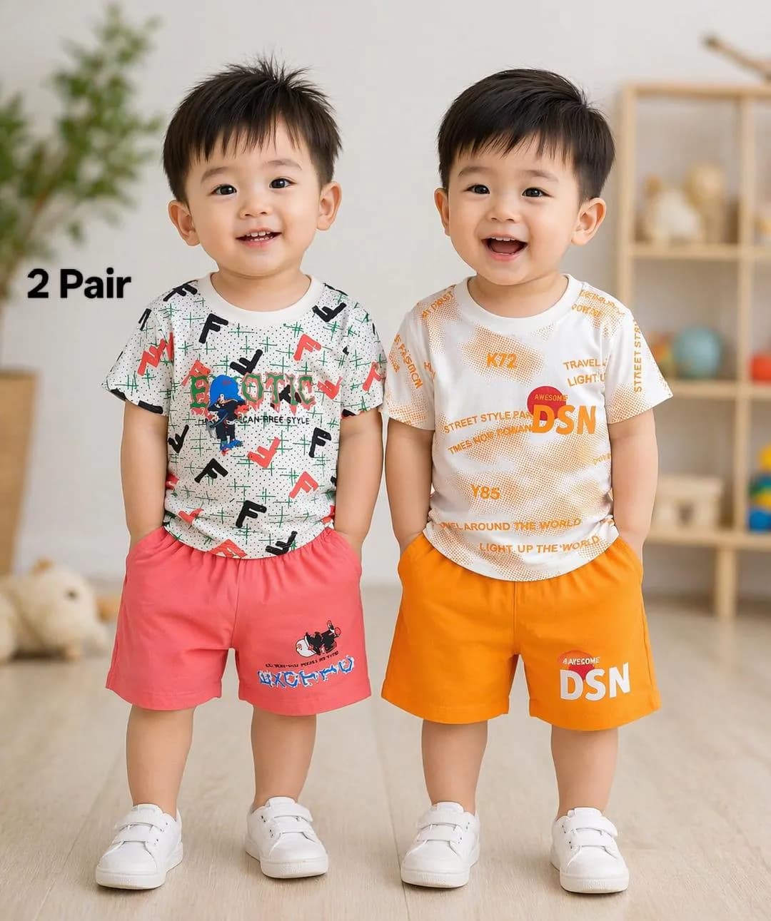 Boy's Printed Cotton Shirt & Shorts Set 2 Pcs Multicolor