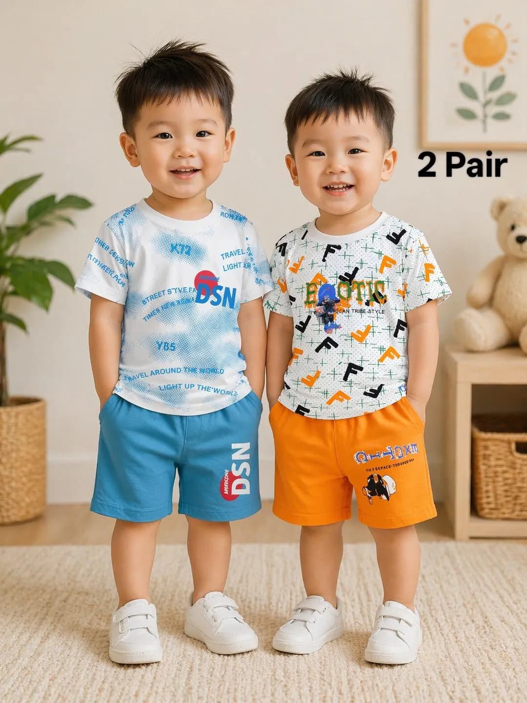 Boy's Printed Cotton Shirt & Shorts Set 2 Pcs Multicolor