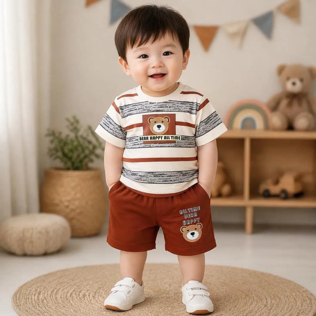 Baby Boy Striped Shorts T-Shirt Set Brown Cotton