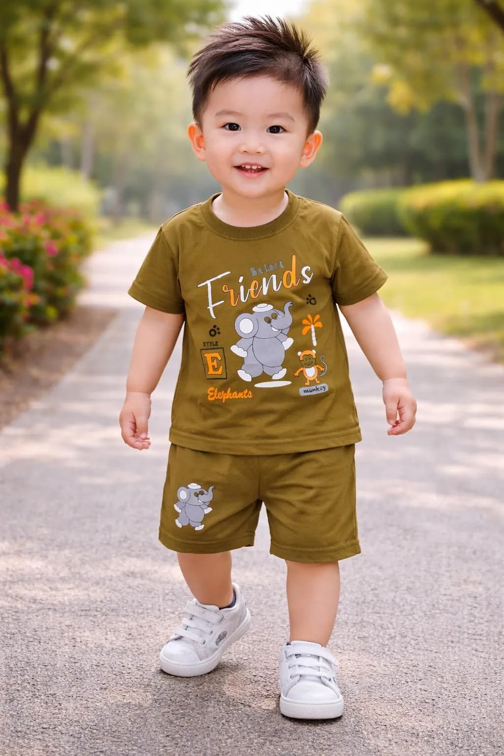 Kids T-Shirt & Shorts Set Brown Cartoon Print
