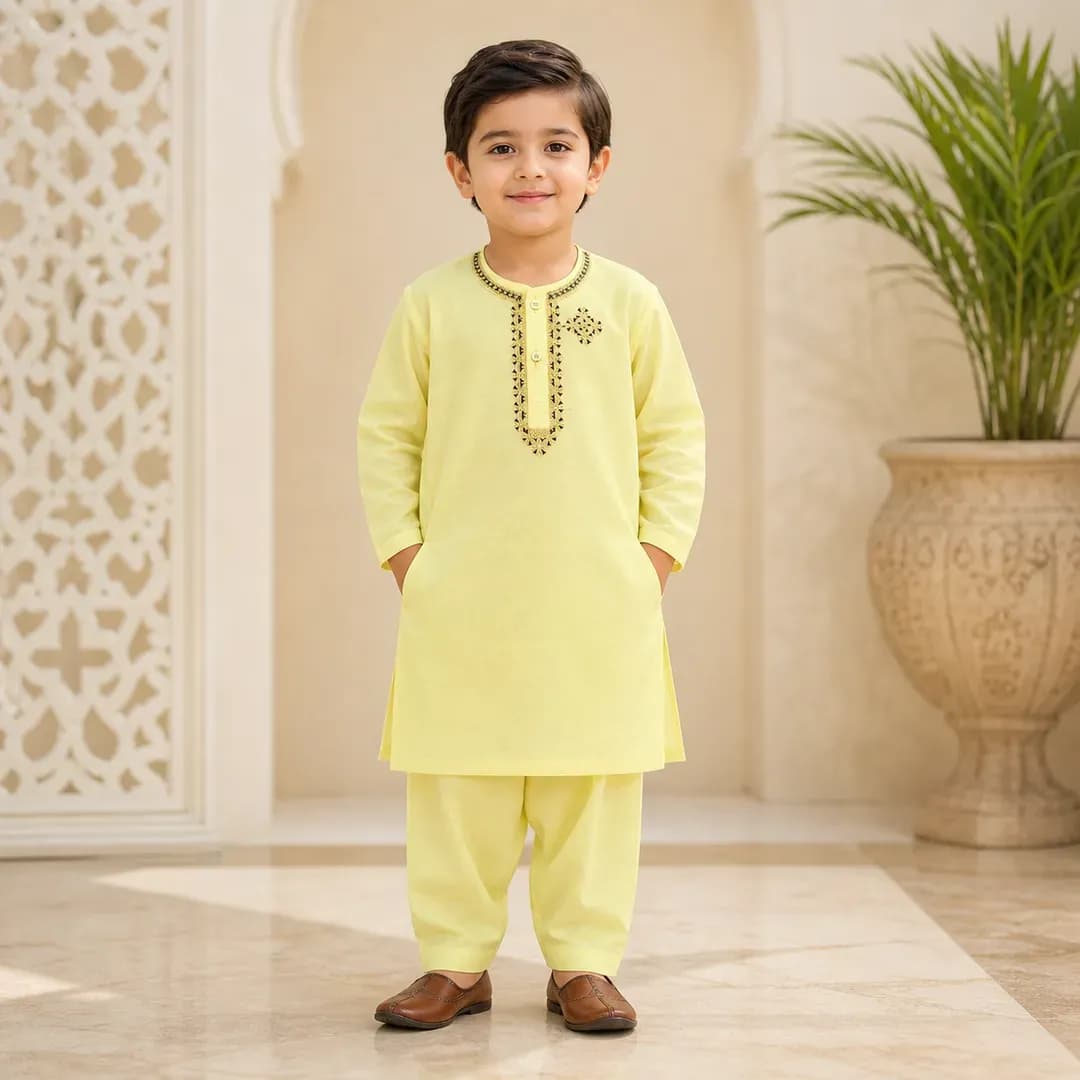 Boy's Yellow Embroidered Kurta Shalwar Set 6-12M