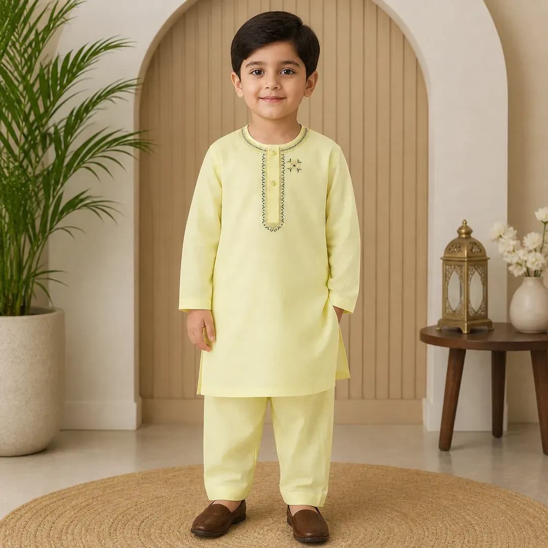 Boy's Yellow Embroidered Kurta Shalwar Set 6-12M