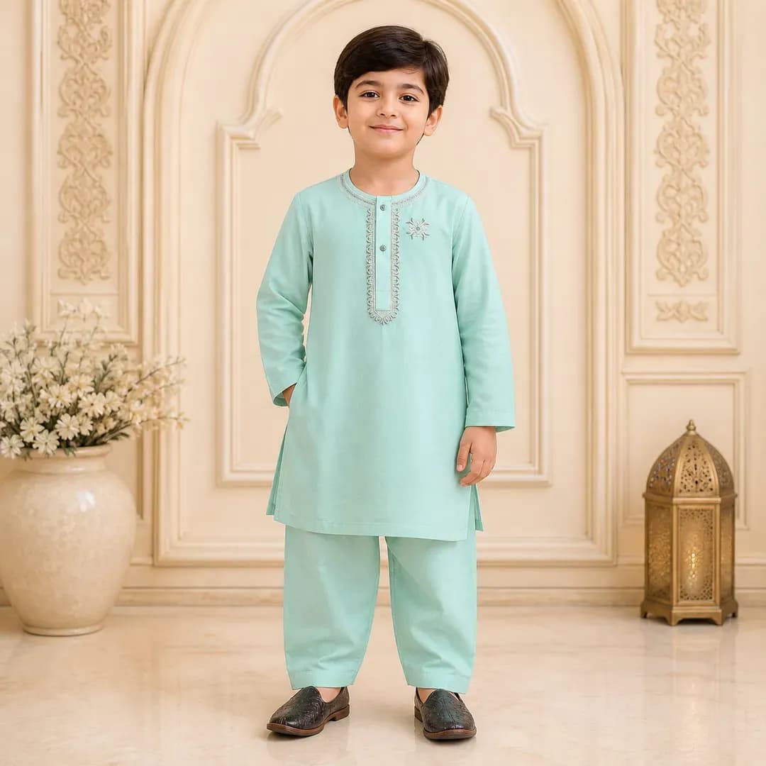 Boy's Cotton Embroidered Kurta Shalwar Set Mint Green 6-12M