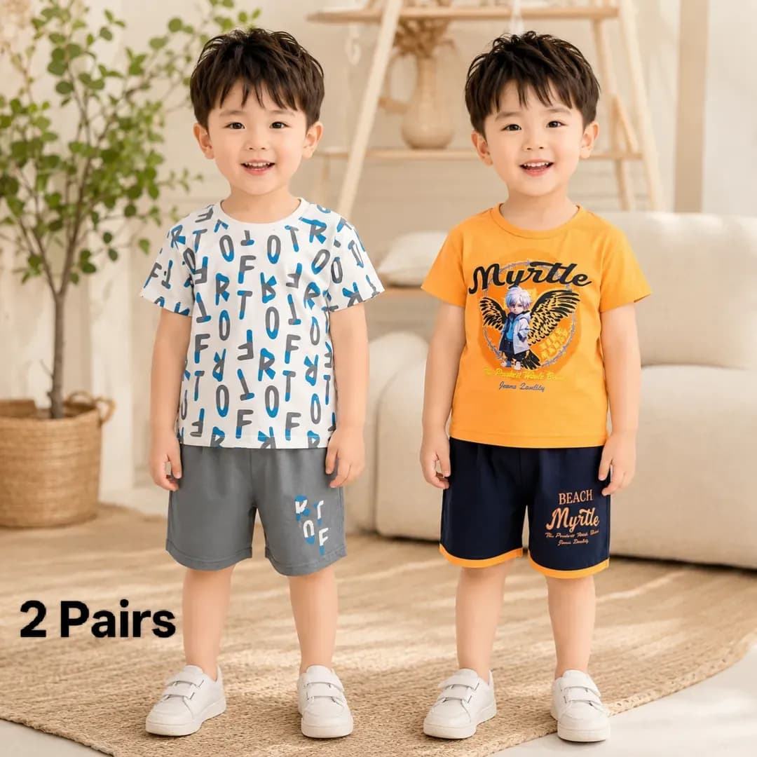 Boy's Printed Cotton Shorts & T-Shirt Set 2 Pairs Multicolor