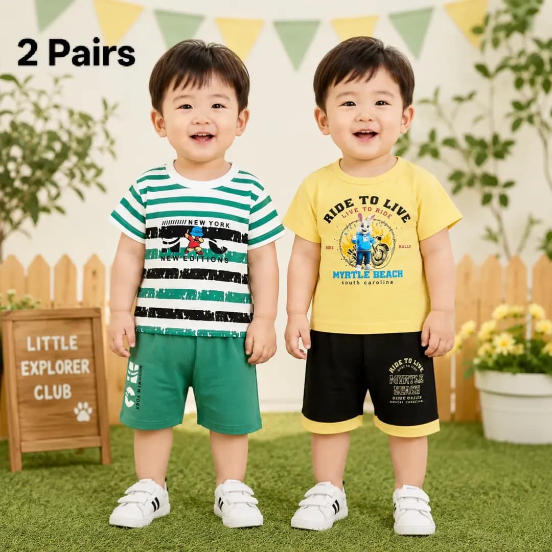 2 Pairs Kids Cotton T-Shirt Shorts Set for Boys