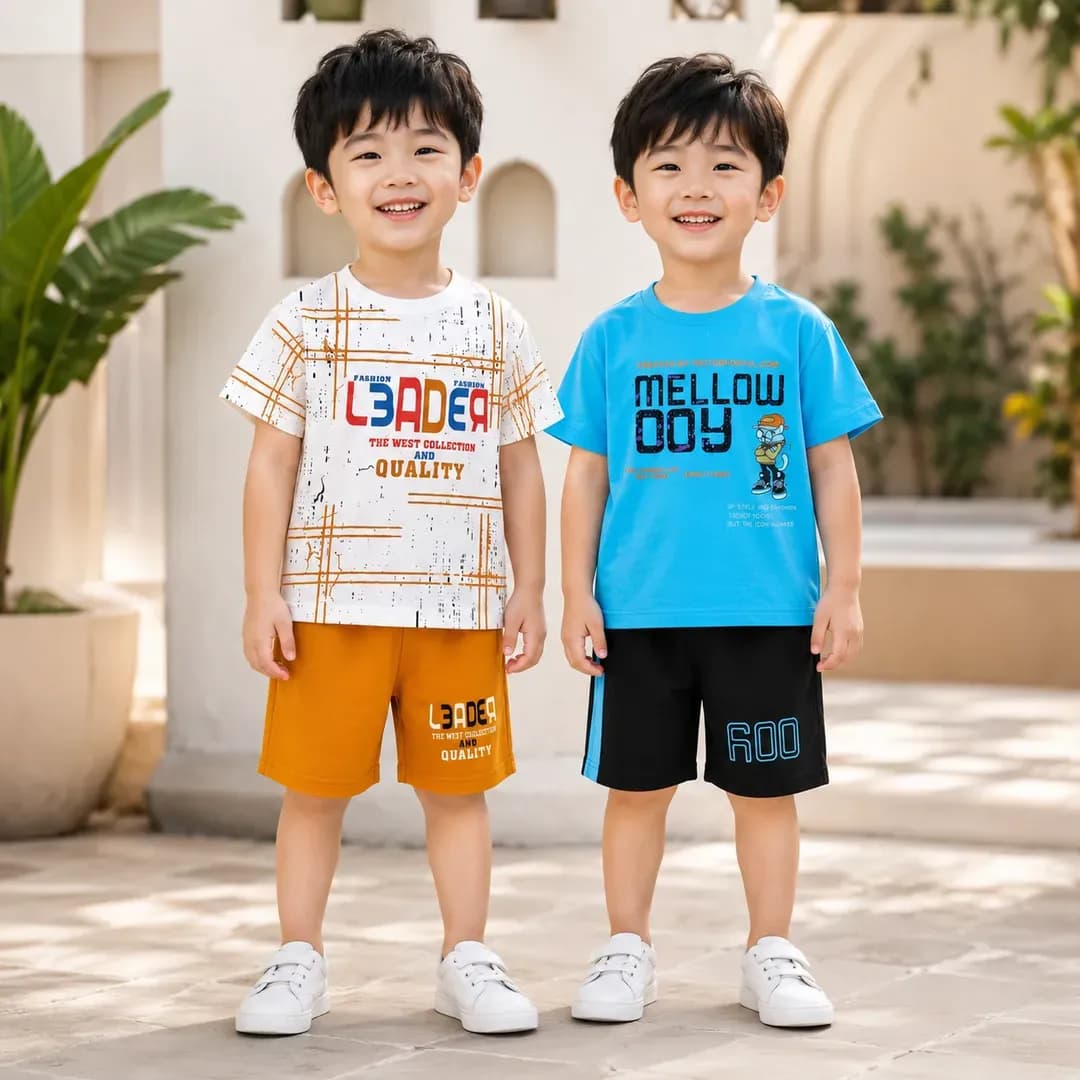 2 Pairs Kids Boys T-Shirt Shorts Set Cotton Summer