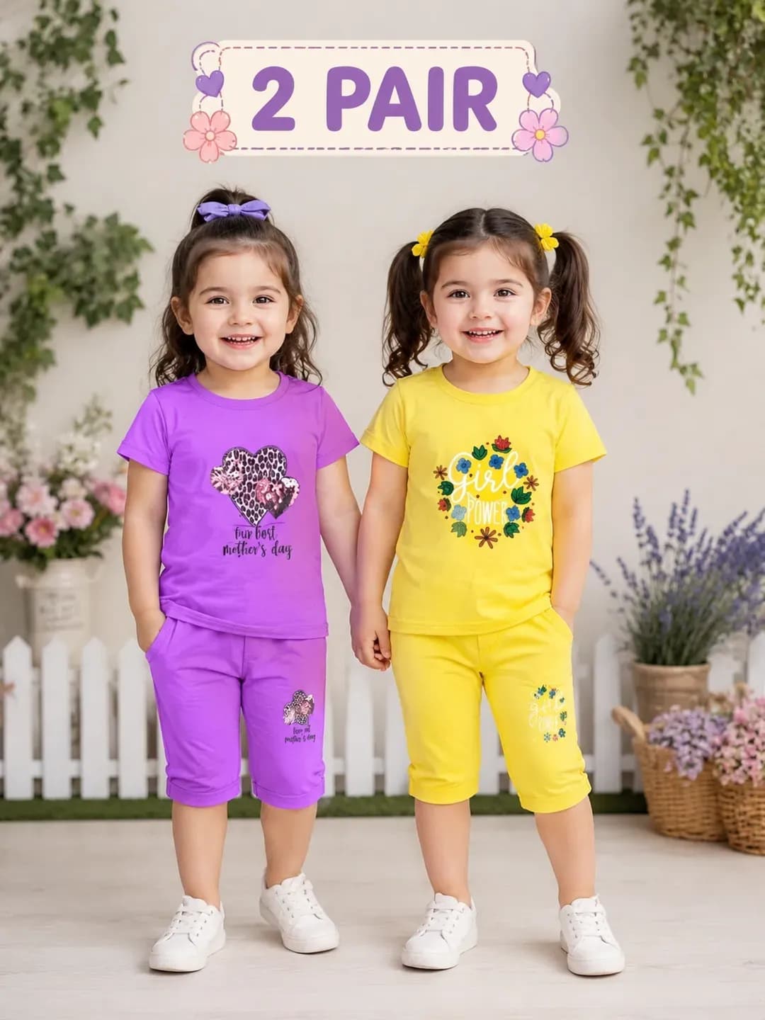 Girls 2-Pair Printed Cotton Suit Purple Yellow