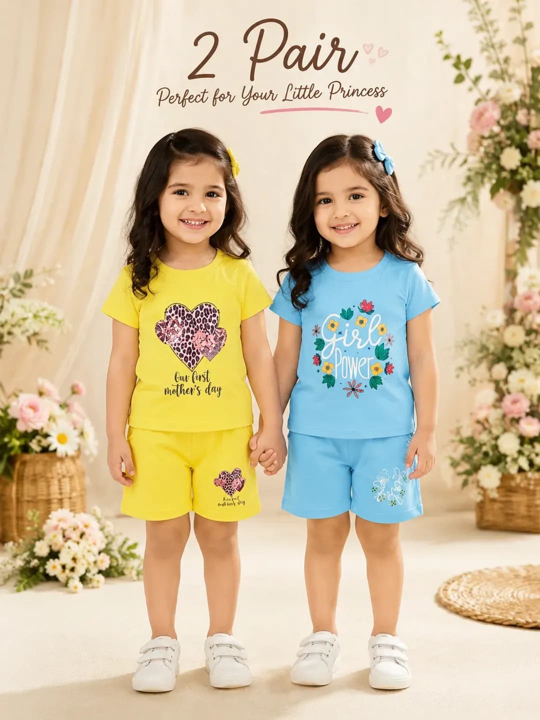 Girls 2-Pair Printed Cotton Suit Purple Yellow
