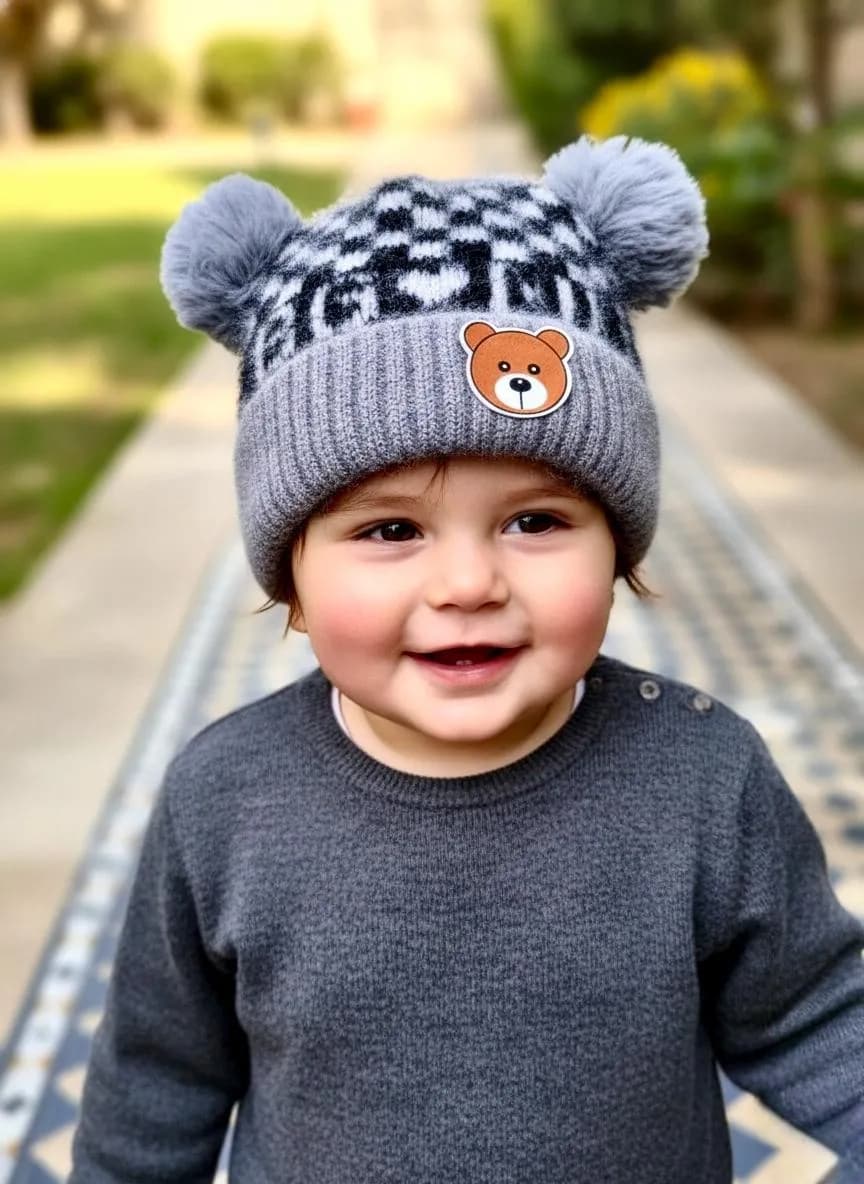 Wool Bear Cap Grey for Boys Girls Warm Winter
