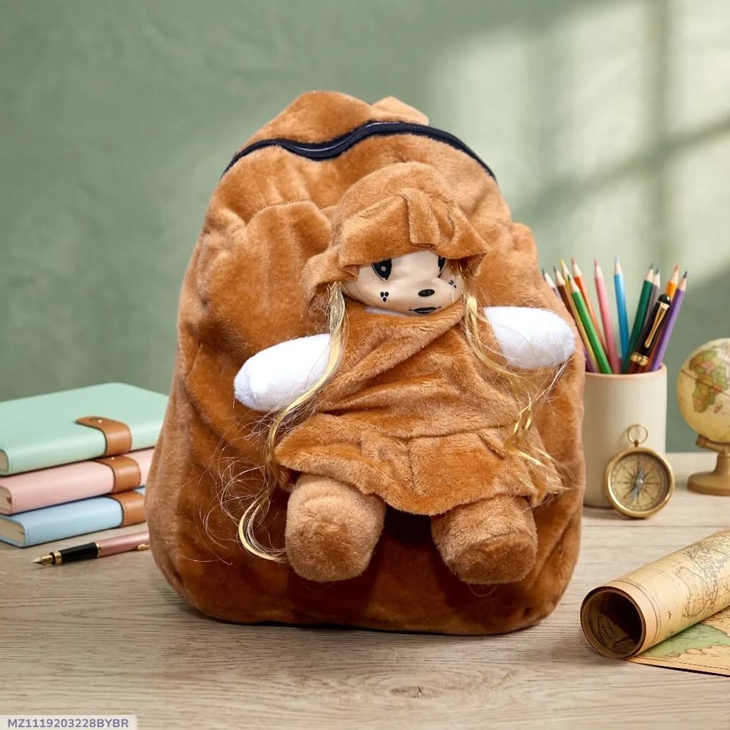 Brown Girl's Polyester School Backpack with Doll Design