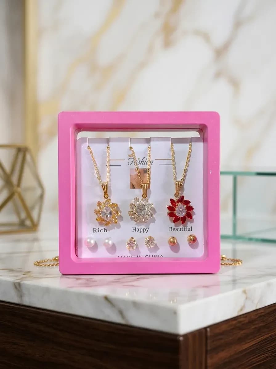 Gold Plated Crystal Flower Pendant Set for Women