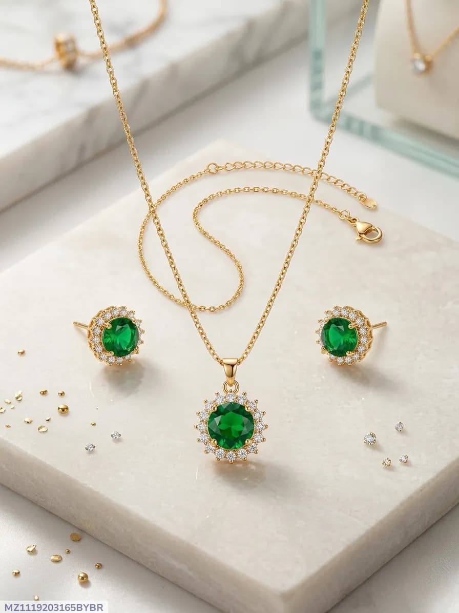 Green Crystal Pendant Set for Women Gold Plated