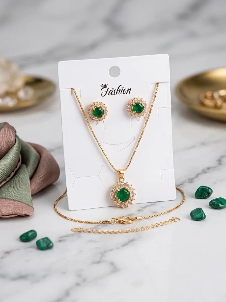Green Crystal Pendant Set for Women Gold Plated