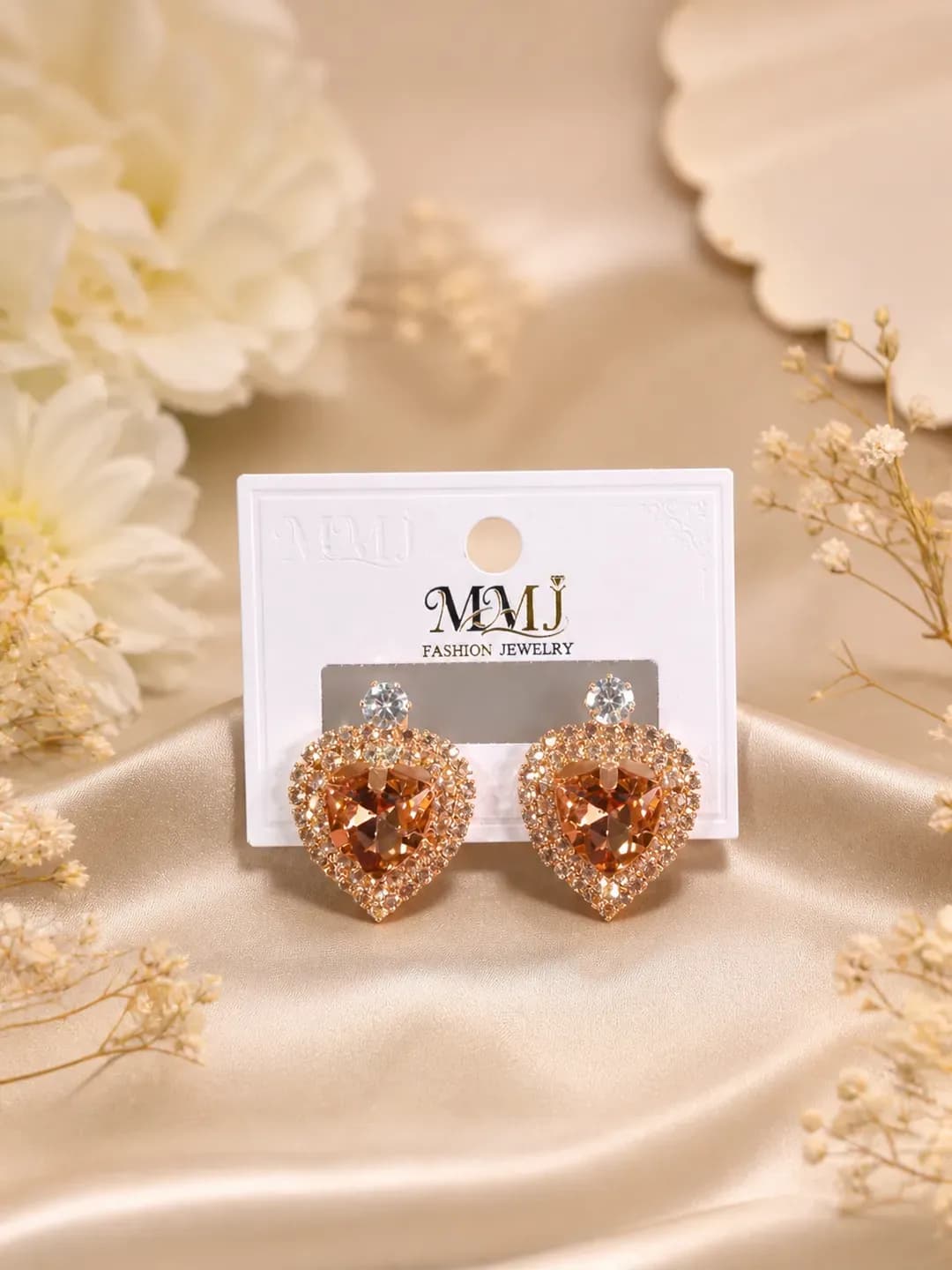 Women Heart Crystal Gold Plated Earrings 2 Pcs
