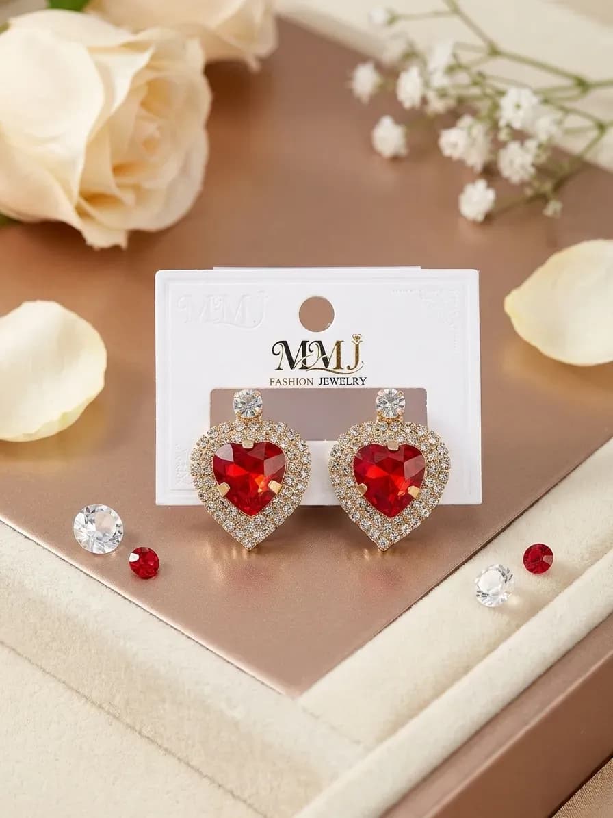 Women Heart Crystal Gold Plated Earrings 2 Pcs